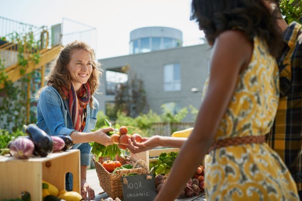 Female gardener selling organic crops and picking up a bountiful basket full of fresh produce